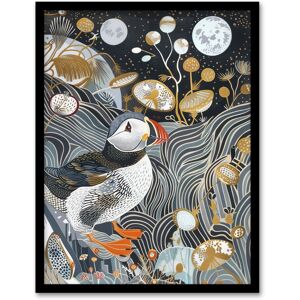 Artery8 Stylised Puffin Full Moon Flower Field Abstract Framed Art Print in Dark Blue Size: W12" x H16" Dark Blue W12" x H16" Artery8 Stylised Puffin Full Moon Flower Field Abstract Framed Art Print in Dark Blue Size: W12" x H16" Dark Blue W12" x H16"