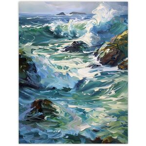 Artery8 Sea Spray Waves Crashing on Rocks Oil Painting Wall Art Print in Blue Size: W12" x H16" Blue W12" x H16" Artery8 Sea Spray Waves Crashing on Rocks Oil Painting Wall Art Print in Blue Size: W12" x H16" Blue W12" x H16"