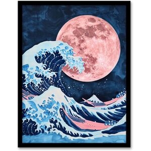 Artery8 Large Pink Full Moon Great Wave Surreal Painting Framed Wall Art in Blue Size: W12" x H16" Blue W12" x H16" Artery8 Large Pink Full Moon Great Wave Surreal Painting Framed Wall Art in Blue Size: W12" x H16" Blue W12" x H16"