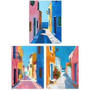 Wee Blue Coo Set of 3 Prints Colourful Village Sea Greek Spanish Poster Art in Blue Size: W12" x H16" Blue W12" x H16" Wee Blue Coo Set of 3 Prints Colourful Village Sea Greek Spanish Poster Art in Blue Size: W12" x H16" Blue W12" x H16"