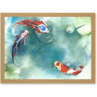 Artery8 - Koi Carp Fish With Lilies A4 Artwork - Light Oak - One Size - Framed Wall Art Print Artery8 - Koi Carp Fish With Lilies A4 Artwork - Light Oak - One Size - Framed Wall Art Print