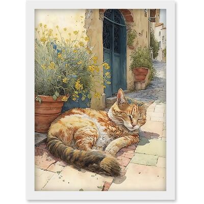 Artery8 - Cat Sunbathing - Mediterranean Village - A4 - Art Print Artery8 - Cat Sunbathing - Mediterranean Village - A4 - Art Print