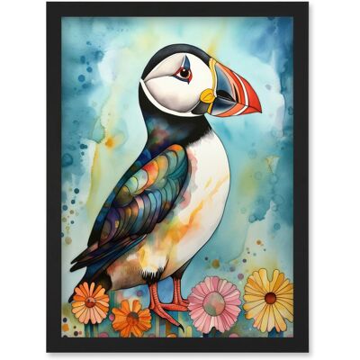 Artery8 - Puffin Bird With Flowers - A4 - Framed - Wall Art Print Artery8 - Puffin Bird With Flowers - A4 - Framed - Wall Art Print
