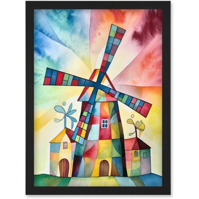 Artery8 - Windmill Folk Art - A4 - Framed Wall Art Print Artery8 - Windmill Folk Art - A4 - Framed Wall Art Print