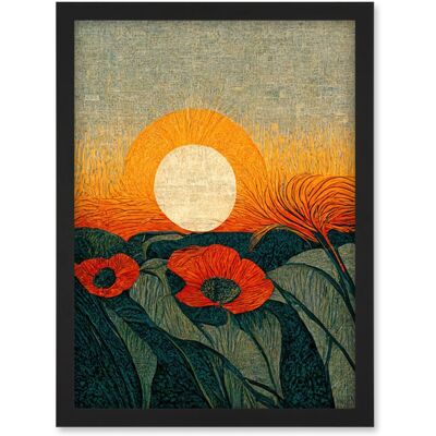 Artery8 - Abstract Sunrise Over Poppy Meadow - Framed Wall Art - A4 Artery8 - Abstract Sunrise Over Poppy Meadow - Framed Wall Art - A4