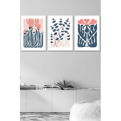 ARTZE Set of 3 White Framed Boho Abstract Blue & Pink Floral Wall Art in Navy Size: W33 cm x H45 cm x D20mm Navy W33 cm x H45 cm x D20mm ARTZE Set of 3 White Framed Boho Abstract Blue & Pink Floral Wall Art in Navy Size: W33 cm x H45 cm x D20mm Navy W33 cm x H45 cm x D20mm