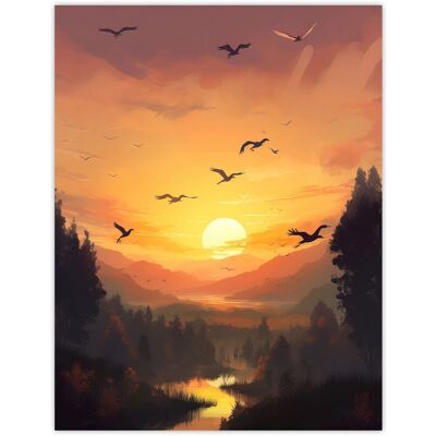 Artery8 Wall Art Print Flock of Cranes Flying Against a Golden Sunset Sky Atmospheric Painting Birds Flying over Forest in a Tranquil Mountain River Orange W24" x H32" Artery8 Wall Art Print Flock of Cranes Flying Against a Golden Sunset Sky Atmospheric Painting Birds Flying over Forest in a Tranquil Mountain River Orange W24" x H32"