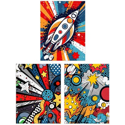 Artery8 Wall Art Print Set of 3 Space Pop Art Comic Book Style Artwork Planet Stars & Rocket Kids Bedroom Living Room Poster s Pack Multicolor W12" x H16" Artery8 Wall Art Print Set of 3 Space Pop Art Comic Book Style Artwork Planet Stars & Rocket Kids Bedroom Living Room Poster s Pack Multicolor W12" x H16"