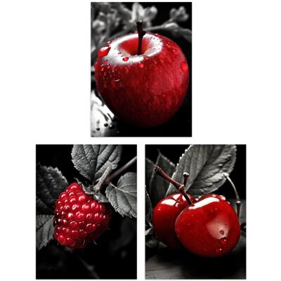 Artery8 Set of 3 Red Apple Raspberry Cherry on Black & White Photograph Kitchen Artwork Unframed Wall Art Living Room Poster Prints Pack Red W12" x H16" Artery8 Set of 3 Red Apple Raspberry Cherry on Black & White Photograph Kitchen Artwork Unframed Wall Art Living Room Poster Prints Pack Red W12" x H16"