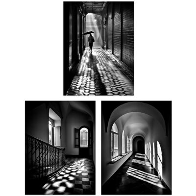 Artery8 Wall Art Print Set of 3 Shadows & Light Black & White Photographs Geometric Patterns Atmospheric Corridors Living Room Poster s Pack Grey W12" x H16" Artery8 Wall Art Print Set of 3 Shadows & Light Black & White Photographs Geometric Patterns Atmospheric Corridors Living Room Poster s Pack Grey W12" x H16"