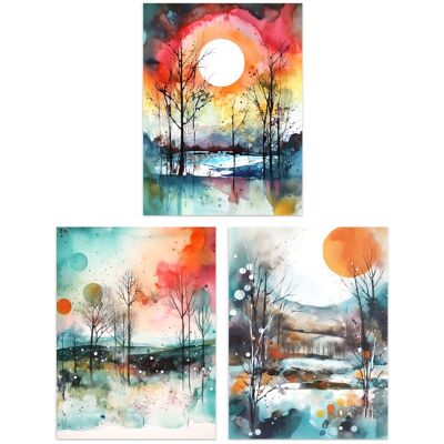 Artery8 Set of 3 Winter Countryside Landscape Watercolour Paintings Sun & Moon Dawn & Sunset Snow Unframed Wall Art Living Room Poster Prints Pack Multicolor W12" x H16" Artery8 Set of 3 Winter Countryside Landscape Watercolour Paintings Sun & Moon Dawn & Sunset Snow Unframed Wall Art Living Room Poster Prints Pack Multicolor W12" x H16"