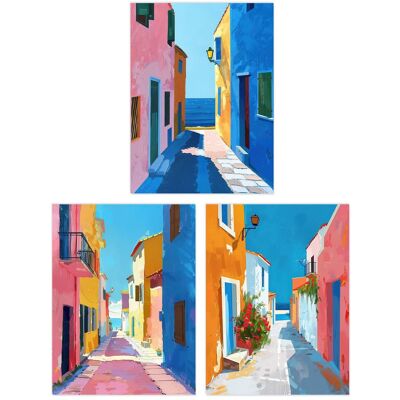 Wee Blue Coo Set of 3 Prints Colourful Village Sea Greek Spanish Poster Art in Blue Size: W12" x H16" Blue W12" x H16" Wee Blue Coo Set of 3 Prints Colourful Village Sea Greek Spanish Poster Art in Blue Size: W12" x H16" Blue W12" x H16"