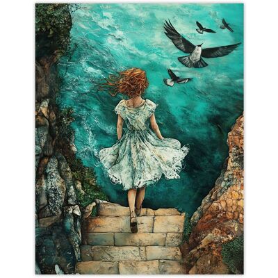 Artery8 Surreal Dream Dive Stone Steps Sea Birds Wall Art Print in Blue Size: W12" x H16" Blue W12" x H16" Artery8 Surreal Dream Dive Stone Steps Sea Birds Wall Art Print in Blue Size: W12" x H16" Blue W12" x H16"