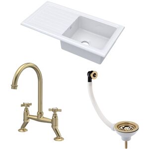 Balterley Fireclay 1 Bowl Sink Drainer Waste Tap 1010mm Brushed Brass in White White Balterley Fireclay 1 Bowl Sink Drainer Waste Tap 1010mm Brushed Brass in White White