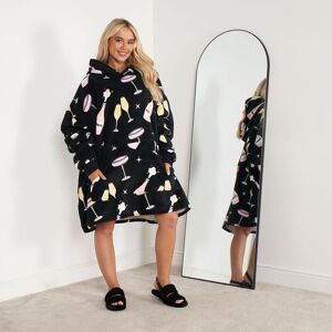 OHS Champagne Print Hoodie Blanket Oversized Jumper Throw in Black Black One Size OHS Champagne Print Hoodie Blanket Oversized Jumper Throw in Black Black One Size
