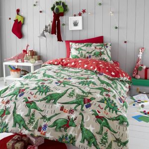 Happy Linen Company Christmas Dinosaur Glow In The Dark Reversible Duvet Cover Bedding Set in Taupe Size: Single Taupe Single Happy Linen Company Christmas Dinosaur Glow In The Dark Reversible Duvet Cover Bedding Set in Taupe Size: Single Taupe Single