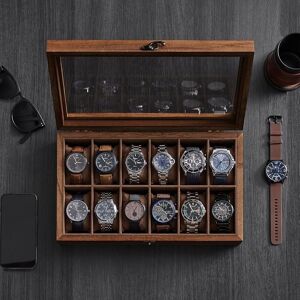 SONGMICS Watch Box with 12 Slots Glass Lid & Removable Pillows in Brown Brown One Size SONGMICS Watch Box with 12 Slots Glass Lid & Removable Pillows in Brown Brown One Size