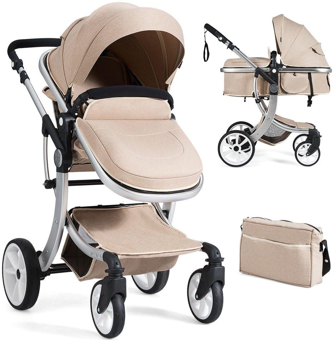 COSTWAY 2 in 1 Baby Stroller Convertible Reversible Bassinet Pram with Rain Cover Foldable Aluminum Alloy Pushchair