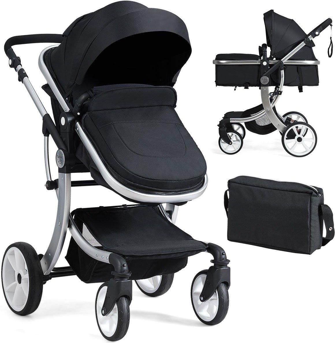 COSTWAY 2 in 1 Baby Stroller Convertible Reversible Bassinet Pram with Rain Cover Foldable Aluminum Alloy Pushchair