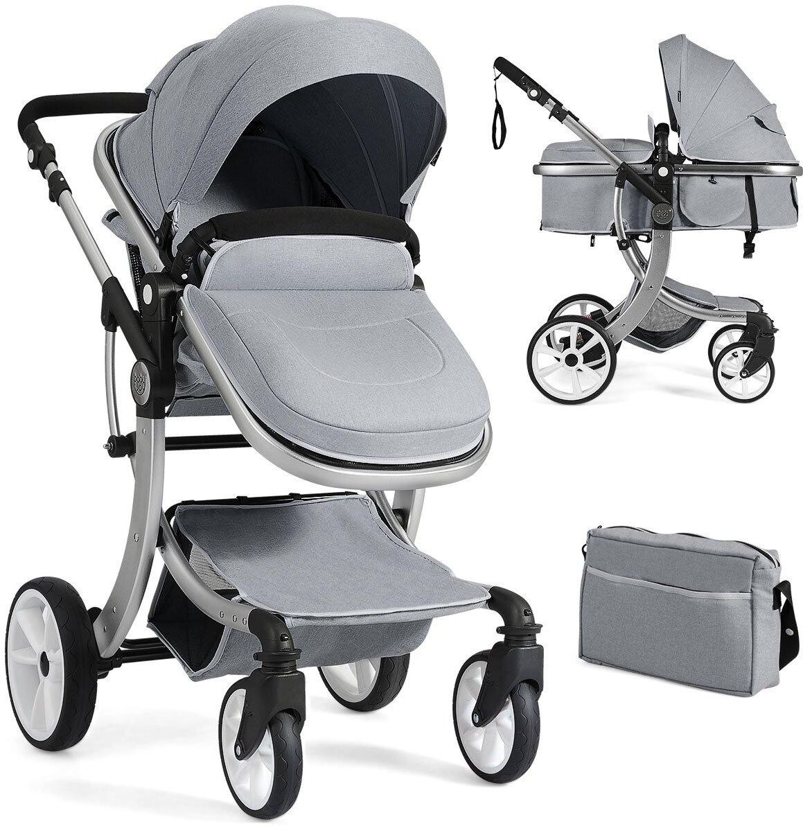 COSTWAY 2 in 1 Baby Stroller Convertible Reversible Bassinet Pram with Rain Cover Foldable Aluminum Alloy Pushchair