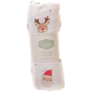 Ziggle Cotton Muslin Square - Christmas Reindeer & Santa in White White Ziggle Cotton Muslin Square - Christmas Reindeer & Santa in White White