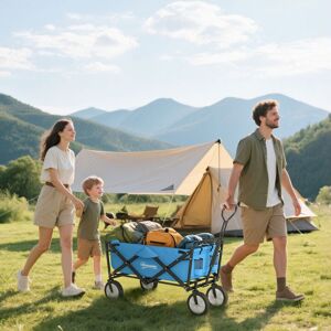 OUTSUNNY Pull Along Cart Folding Cargo Wagon Trailer Trolley For Beach Garden w/ Handle in Blue Blue OUTSUNNY Pull Along Cart Folding Cargo Wagon Trailer Trolley For Beach Garden w/ Handle in Blue Blue