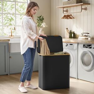 SONGMICS Extra Large 3-Section Collapsible Laundry Hamper Oxford Bamboo Handles in Black Black SONGMICS Extra Large 3-Section Collapsible Laundry Hamper Oxford Bamboo Handles in Black Black