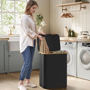 SONGMICS Large 2-Section Collapsible Laundry Hamper Fabric Bamboo Handles in Black Black SONGMICS Large 2-Section Collapsible Laundry Hamper Fabric Bamboo Handles in Black Black
