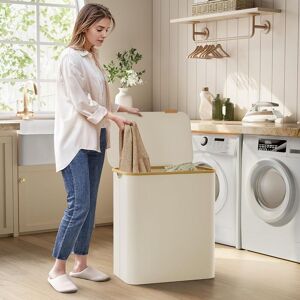 SONGMICS Extra Large 3-Section Collapsible Laundry Hamper Oxford Bamboo Handles in White White SONGMICS Extra Large 3-Section Collapsible Laundry Hamper Oxford Bamboo Handles in White White