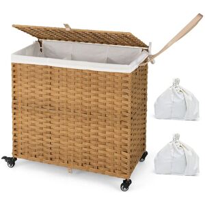 Costway Laundry Hamper 125L 3-Section Laundry Basket w/ Lid & Wheels in Natural Natural Costway Laundry Hamper 125L 3-Section Laundry Basket w/ Lid & Wheels in Natural Natural