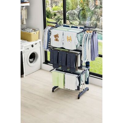 Neo 4 Tier Grey Clothes Airer Horse Drying Rack Folding Side Wings Rail Stainless Steel Stand Laundry Garment in Dark Grey Dark Grey Neo 4 Tier Grey Clothes Airer Horse Drying Rack Folding Side Wings Rail Stainless Steel Stand Laundry Garment in Dark Grey Dark Grey