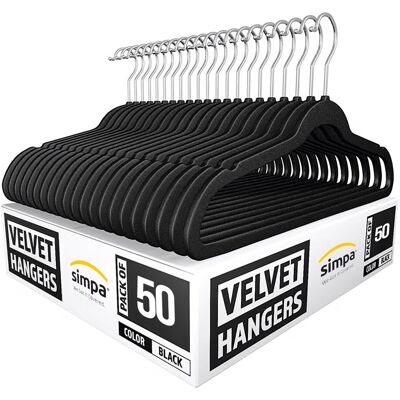 simpa Slim Velvet Non-Slip Suit Clothes Shirts Hangers - Pack of 50 in Black Black simpa Slim Velvet Non-Slip Suit Clothes Shirts Hangers - Pack of 50 in Black Black