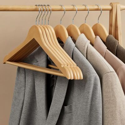 SONGMICS Set of 10 Wooden Hangers with Non Slip Bar & Notches in Natural Natural SONGMICS Set of 10 Wooden Hangers with Non Slip Bar & Notches in Natural Natural