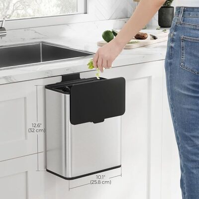 SONGMICS Hanging Kitchen Waste Bin Small Steel with Lid Cabinet Door Mount in Silver Silver SONGMICS Hanging Kitchen Waste Bin Small Steel with Lid Cabinet Door Mount in Silver Silver