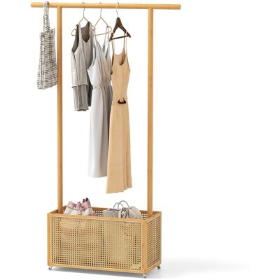 Costway Bamboo Clothes Rack Coat Hanger Stand with Rattan Storage Basket in Natural Natural Costway Bamboo Clothes Rack Coat Hanger Stand with Rattan Storage Basket in Natural Natural