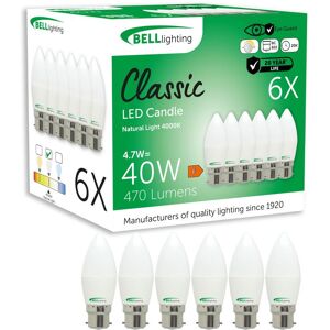 BELL Lighting Dimmable B22 Candle LED Bulbs Cool White 470lm 4.7W Bright Light in Natural White Size: Pack of 6 Natural White Pack of 6 BELL Lighting Dimmable B22 Candle LED Bulbs Cool White 470lm 4.7W Bright Light in Natural White Size: Pack of 6 Natural White Pack of 6