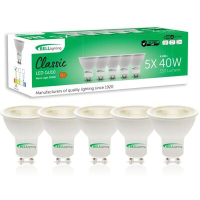 BELL Lighting Dimmable GU10 LED Bulbs 4.4W 350lm Warm White 3000K 38° Spotlight Size: Pack of 5 Warm White Pack of 5 BELL Lighting Dimmable GU10 LED Bulbs 4.4W 350lm Warm White 3000K 38° Spotlight Size: Pack of 5 Warm White Pack of 5
