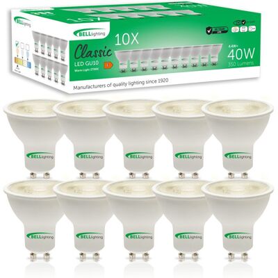 BELL Lighting Dimmable GU10 LED Bulbs 4.4W 350lm Warm White 2700K 38° Spotlight Size: Pack of 10 Warm White Pack of 10 BELL Lighting Dimmable GU10 LED Bulbs 4.4W 350lm Warm White 2700K 38° Spotlight Size: Pack of 10 Warm White Pack of 10