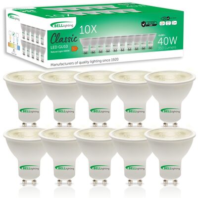 BELL Lighting Dimmable GU10 LED Bulbs 4.4W 350lm Natural White 4000K 38° Beam Size: Pack of 10 Natural White Pack of 10 BELL Lighting Dimmable GU10 LED Bulbs 4.4W 350lm Natural White 4000K 38° Beam Size: Pack of 10 Natural White Pack of 10