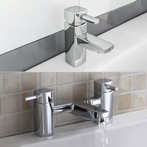Nes Home Chrome Square Single Lever Basin Sink Mono Mixer & Bath Filler Tap Set in Silver Silver Nes Home Chrome Square Single Lever Basin Sink Mono Mixer & Bath Filler Tap Set in Silver Silver