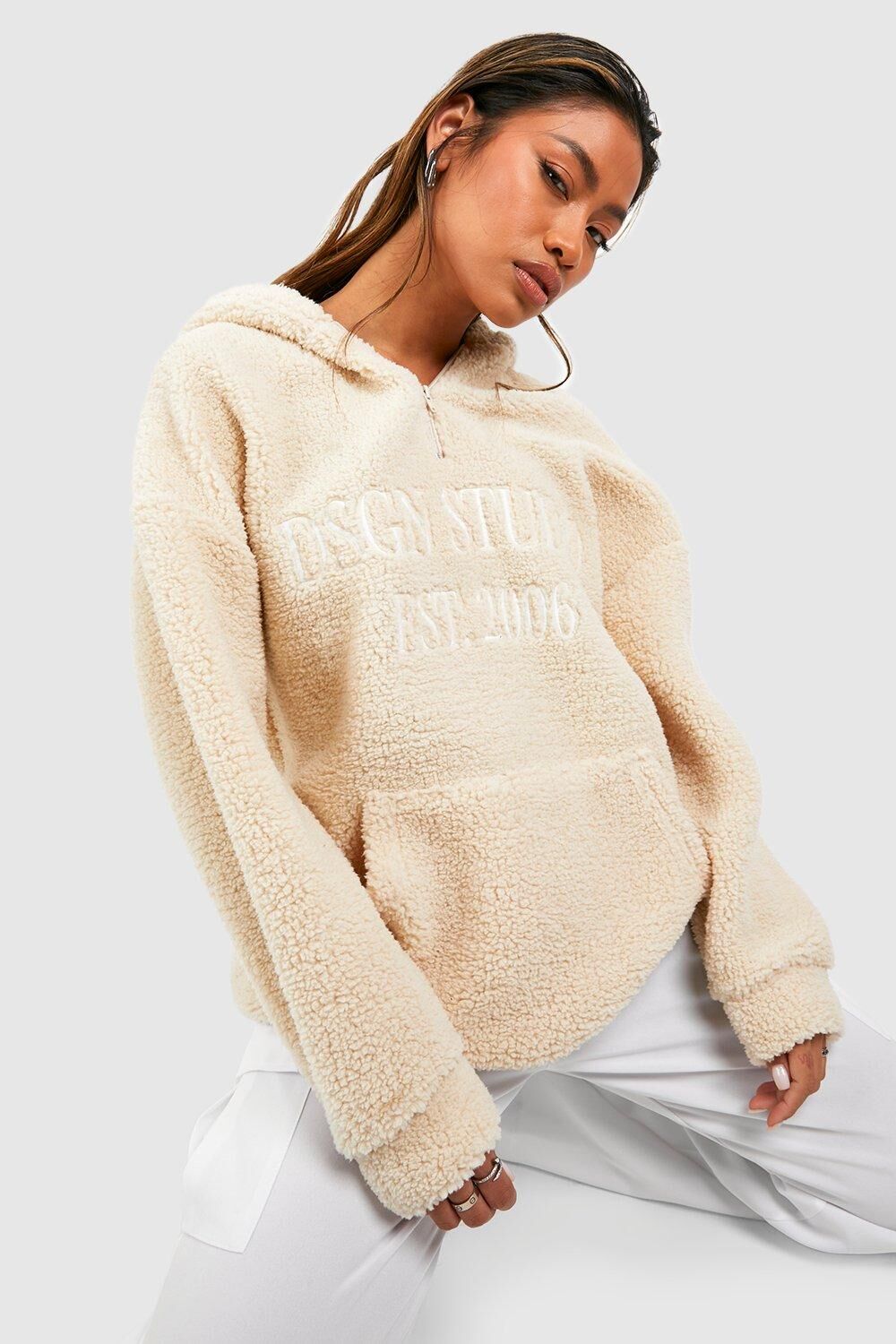 boohoo Premium Borg Dsgn Studio Slogan Half Zip Hoodie