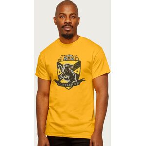 Harry Potter Men's Hufflepuff Quidditch Distressed Shield T-Shirt in Gold Size: Small Gold S Harry Potter Men's Hufflepuff Quidditch Distressed Shield T-Shirt in Gold Size: Small Gold S