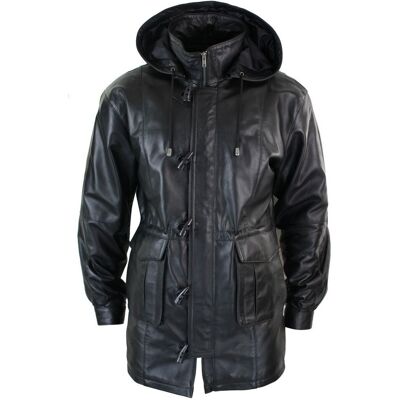 TruClothing Men's Long Leather Duffle Safari Coat With Detachable Hood in Black Size: Medium Black M TruClothing Men's Long Leather Duffle Safari Coat With Detachable Hood in Black Size: Medium Black M