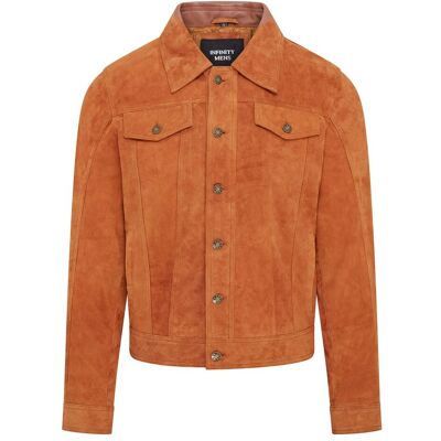 Infinity Leather Men's Trucker Goat Suede Western Leather Jeans Jacket - Yangon in Tan Size: XL Tan XL Infinity Leather Men's Trucker Goat Suede Western Leather Jeans Jacket - Yangon in Tan Size: XL Tan XL