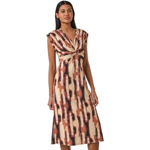 Roman Women's Abstract Print V-Neck Twist Midi Dress in Tan Size: 18 Tan 18 Roman Women's Abstract Print V-Neck Twist Midi Dress in Tan Size: 18 Tan 18