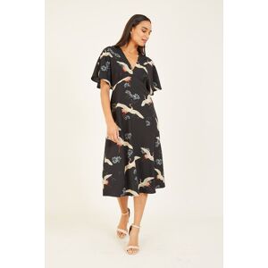 Yumi Women's Black Crane Print Midi Dress Size: 12 Black 12 Yumi Women's Black Crane Print Midi Dress Size: 12 Black 12