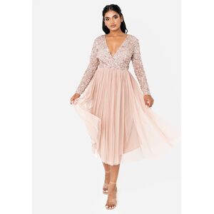 Maya Deluxe Women's Faux Wrap Embellished Long Sleeve Midi Dress in Taupe Size: 6 Taupe 6 Maya Deluxe Women's Faux Wrap Embellished Long Sleeve Midi Dress in Taupe Size: 6 Taupe 6