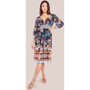 Goddiva Women's Chiffon Wrap Border Floral Print Midi Dress in Black Size: 8 Black 8 Goddiva Women's Chiffon Wrap Border Floral Print Midi Dress in Black Size: 8 Black 8