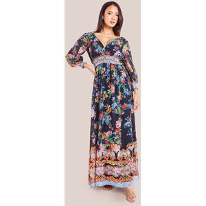 Goddiva Women's Chiffon Wrap Border Floral Print Maxi Dress in Black Size: 12 Black 12 Goddiva Women's Chiffon Wrap Border Floral Print Maxi Dress in Black Size: 12 Black 12