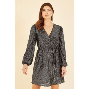 Mela Women's Black Sequin Belted Wrap Long Sleeve Dress Size: 12 Black 12 Mela Women's Black Sequin Belted Wrap Long Sleeve Dress Size: 12 Black 12